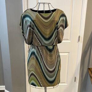 dressbarn Olive Teal Chevron Blouson Midi Dress